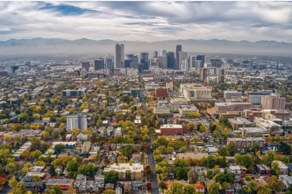 Aerial shot of downtown Denver on a cloudy day