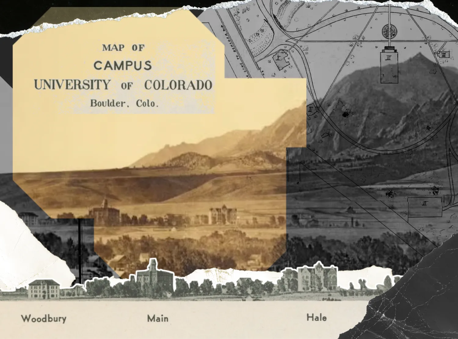 collage of historic photos of CU Boulder campus showing oldest building on campus and the flatirons