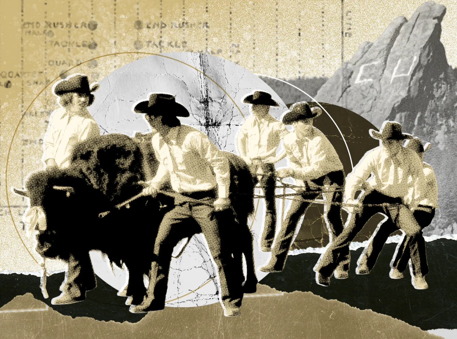 Old photo of Ralphie with her handlers in cowboy outfits on a collage background that includes the flatirons with a painted CU on them. 