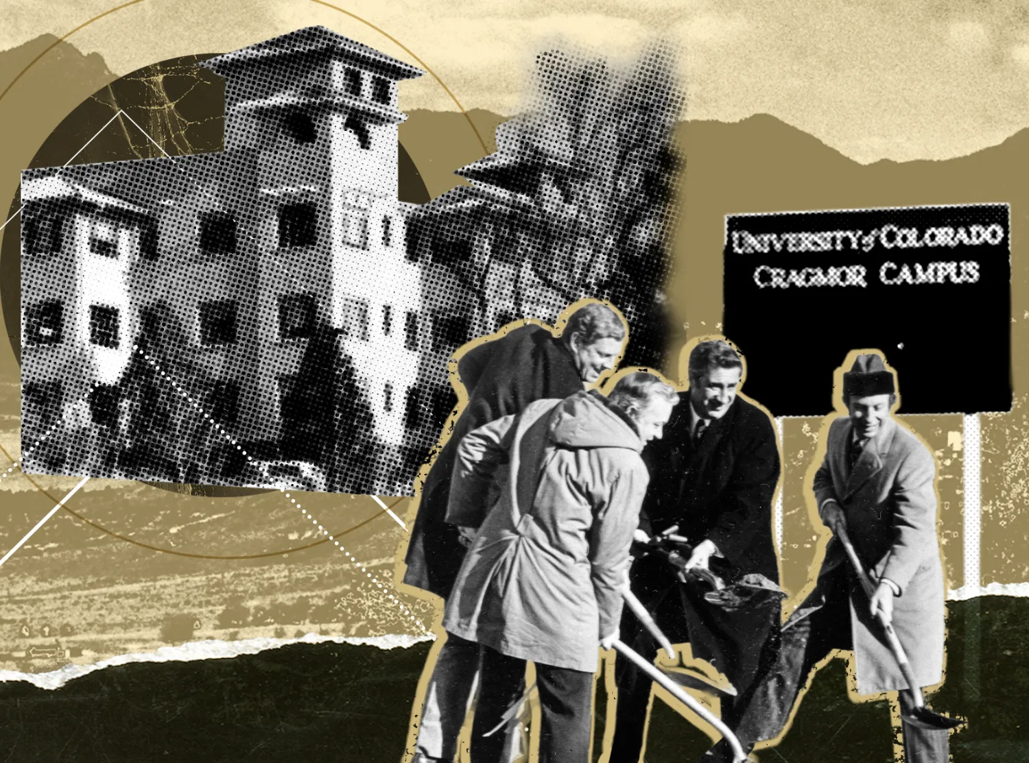 Collage of old photographs of the Cragmore buildings, a sign and a group of men breaking ground on campus with mountains in the background. 