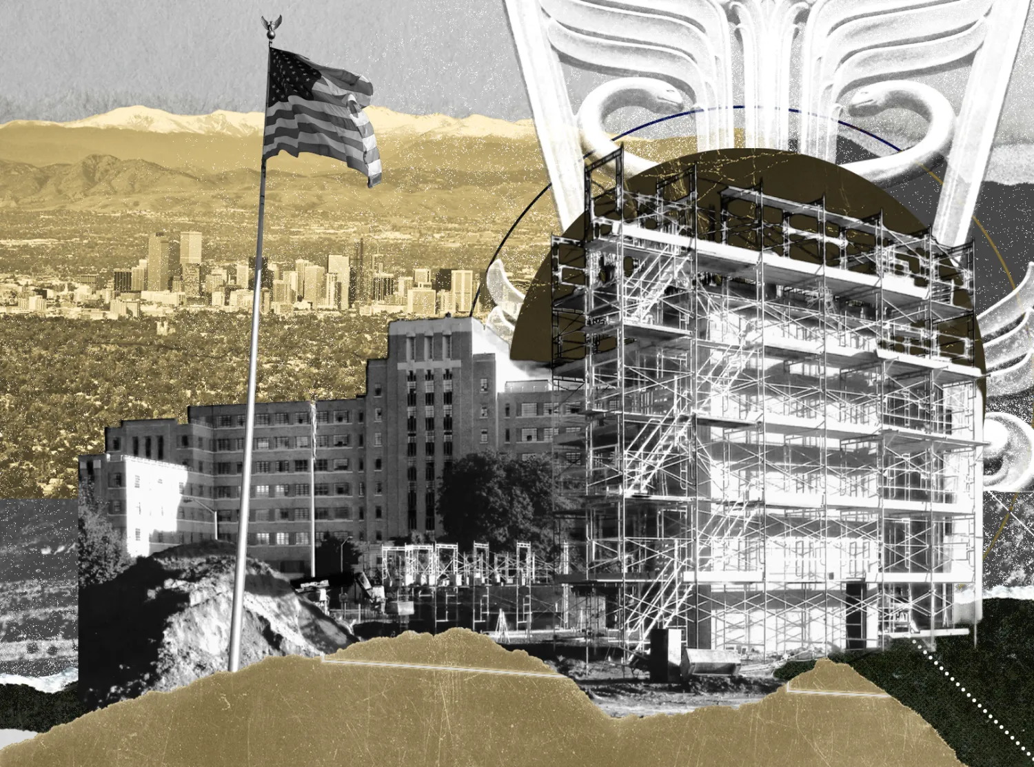 Collage of the Fitzsimmons building with construction of a new medical campus building in the foreground. In the background there is a skyline of Denver with the mountains and an architectural detail of the medical snake and staff. 