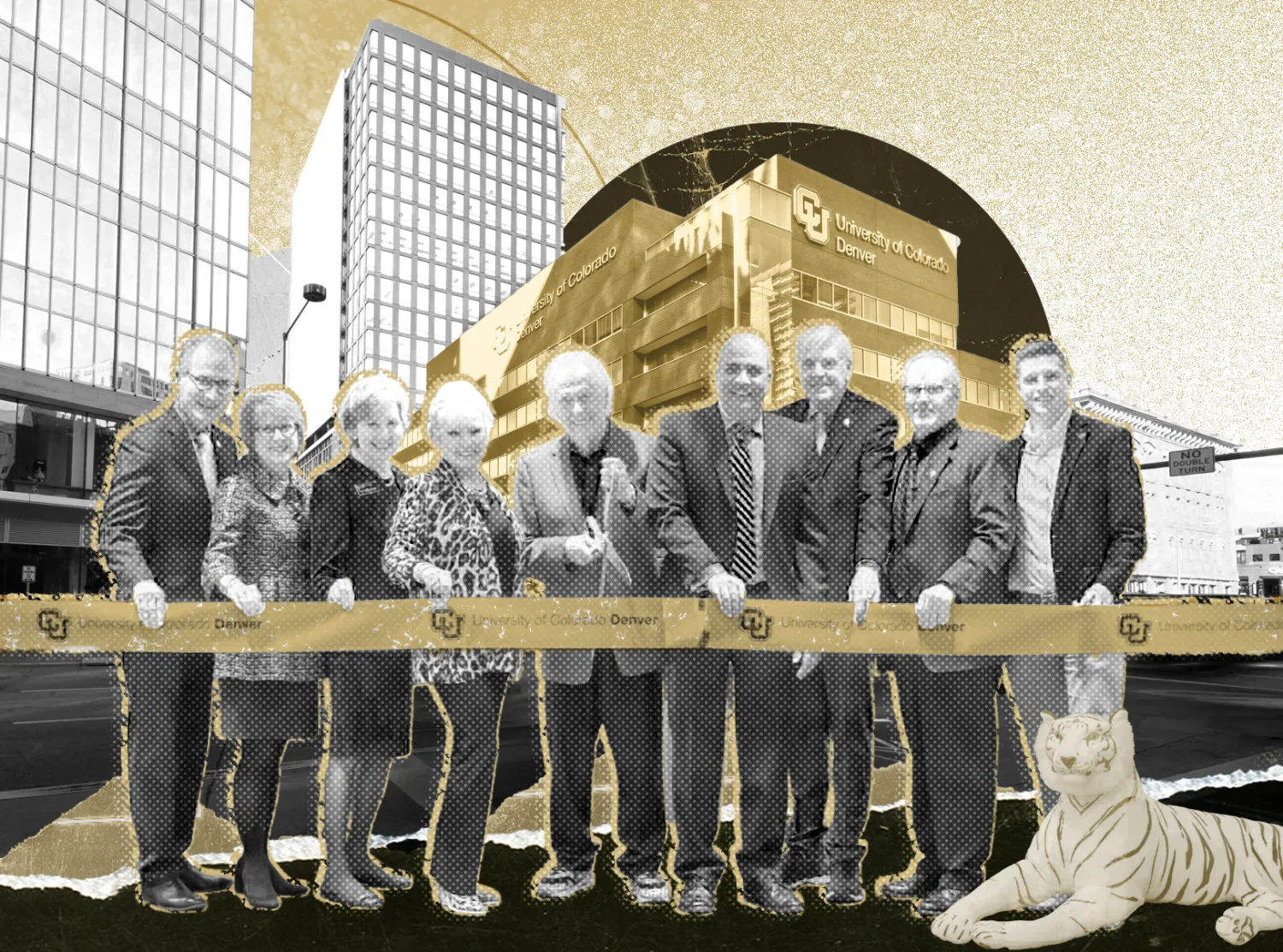 Collage of Jake Jabs and others at a ribbon cutting with the CU Denver school of business building in the background. All in gold and grayscale tones.  