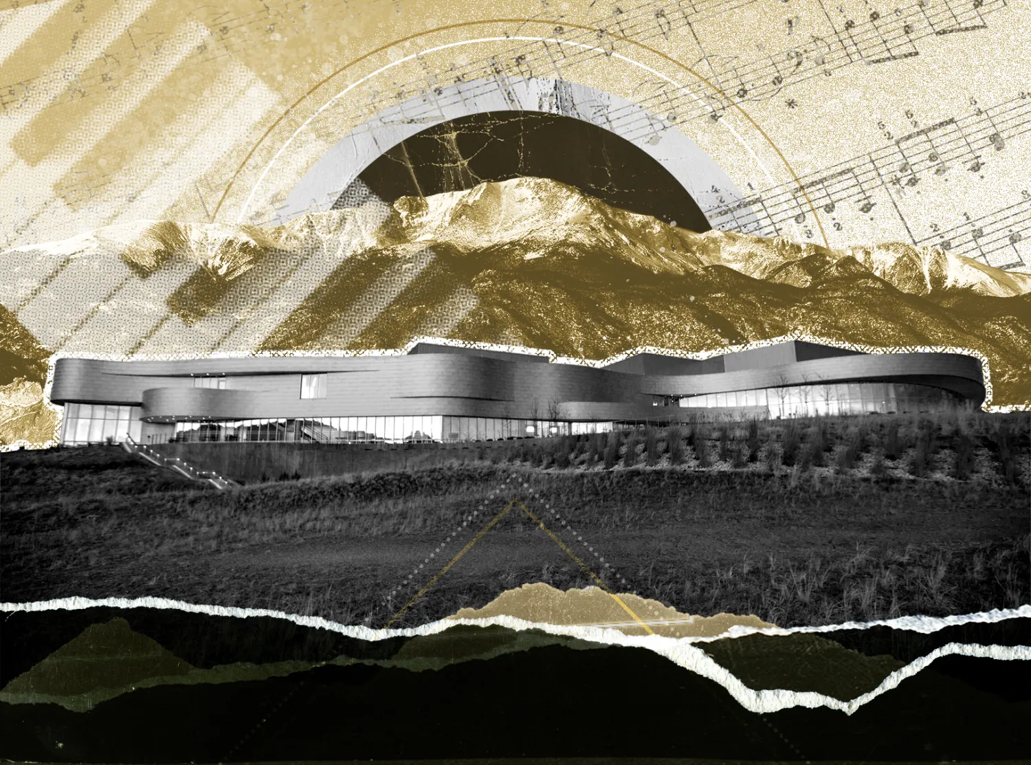 Collage of Ent Center building with pikes Peak in the backgroud with musical notes and a plano keyboard faded into the distance. All in gold and grayscale tones. 