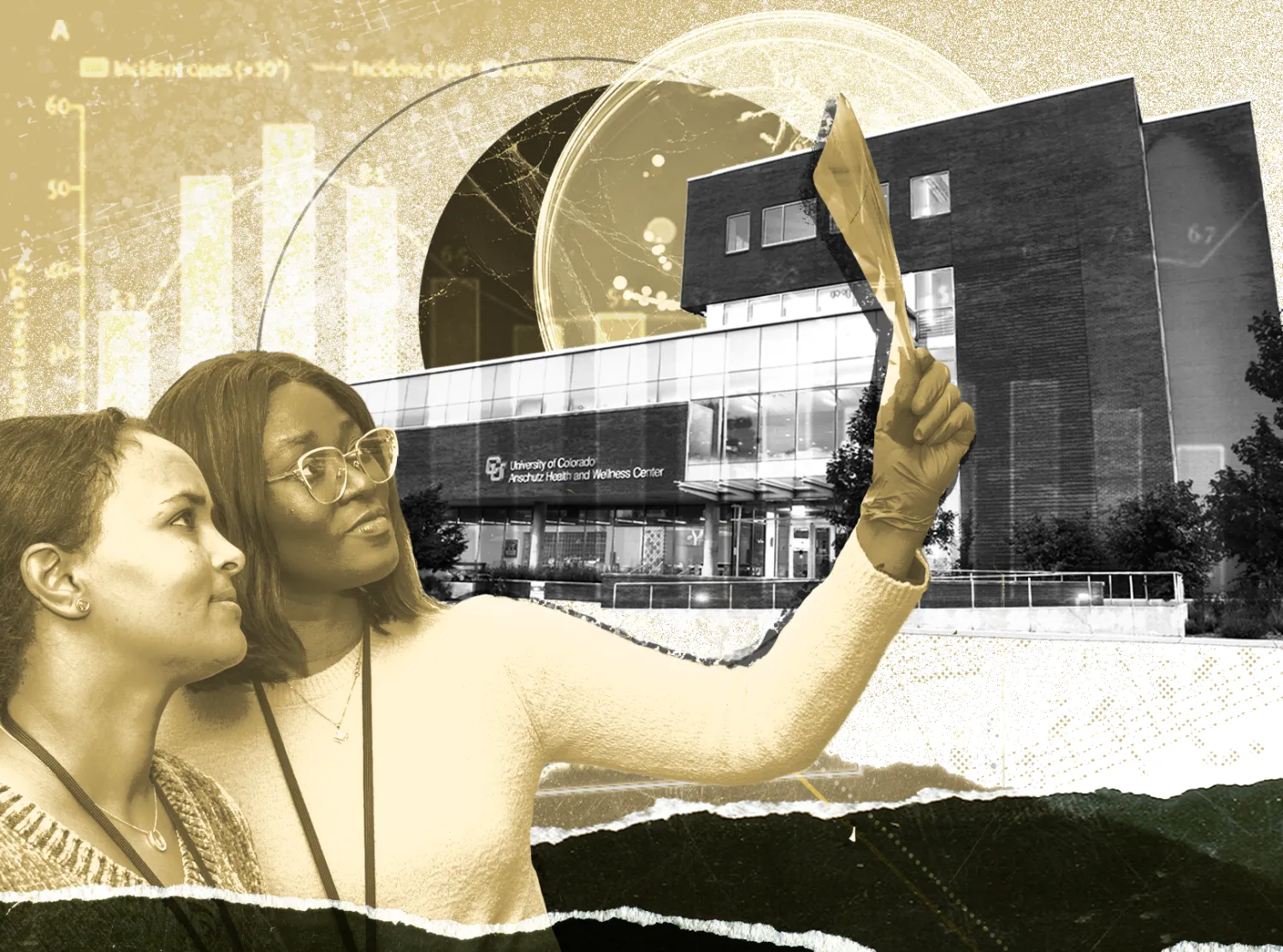 Collage of two women looking at a medical readout with the CU Anschutz Wellness Center in the background with scientific charts and circle shaped images layered on as textures